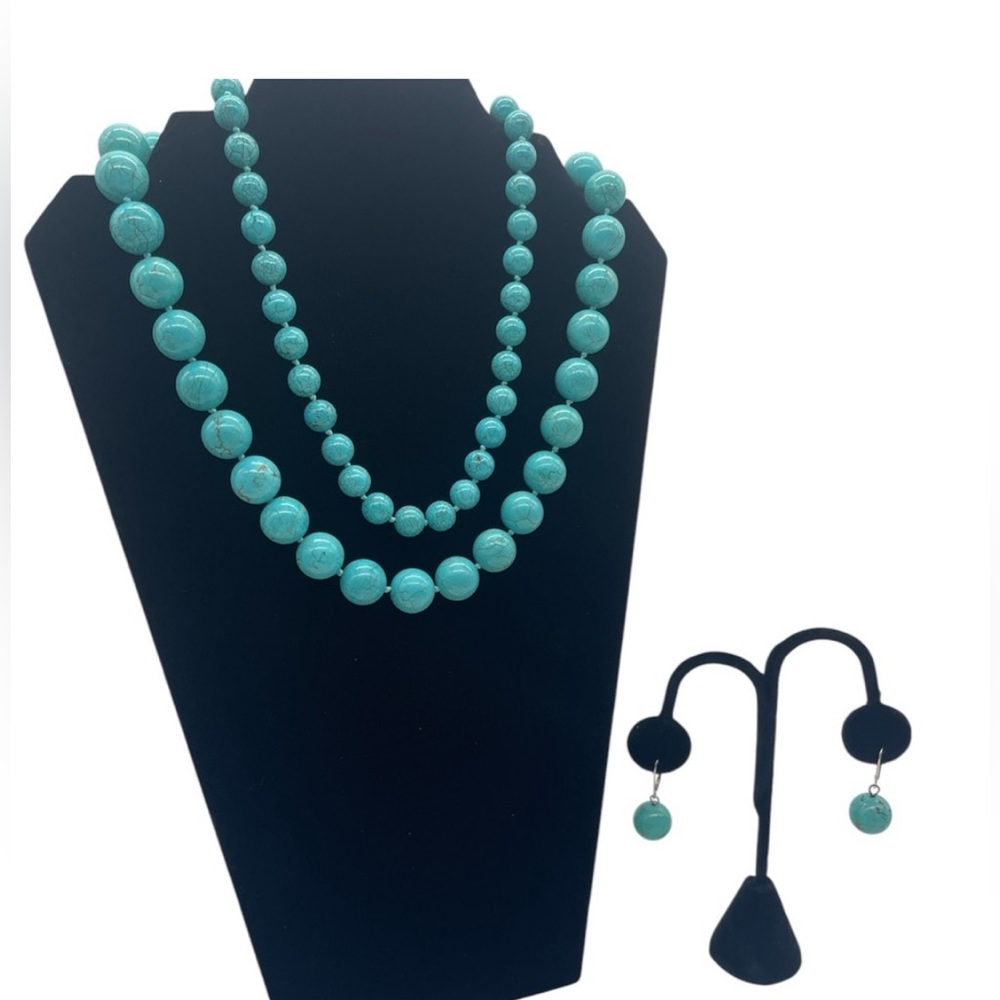 Necklace Earring Set Turquoise Beads Double Strand Pierced Earrings EUC